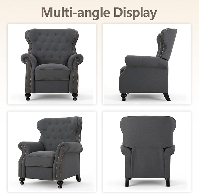 Pushback Recliner Chair Fabric Armchair Push Back Recliner with Rivet Decoration Mid Century Wingback Accent Chair for Living Room Bedroom Stable Hump Feet (Charcoal)