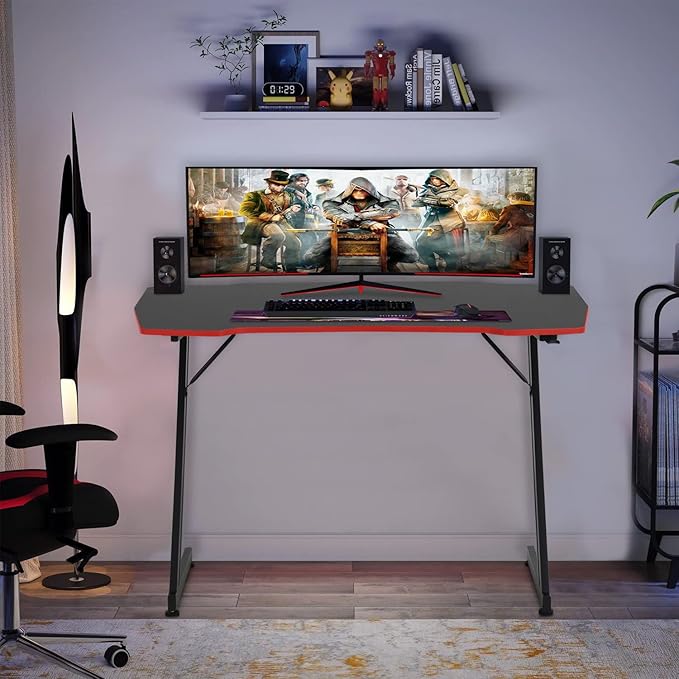 BestOffice Gmaing Desk Z Shaped 47 inch PC Computer Desk Computer Workstation Ergonomic Gaming Table with Headphone Hook for Game Players Red