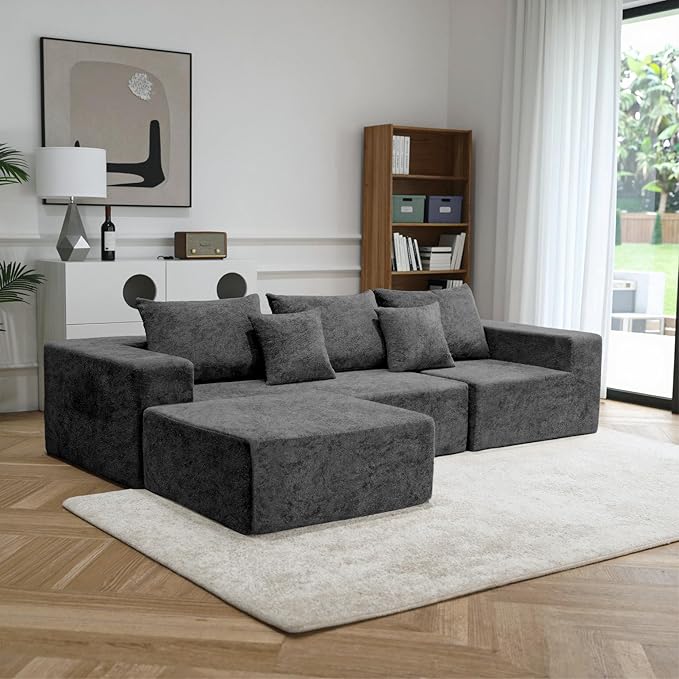 Sytopia 109 L-Shaped Cloud Couch Boneless Modular Sectional Sofa with Deep Seat for Living Room Bedroom Modern Floor Couch Chenille Comfy Sleeper Futon Sofa Bed 40D Foam Furniture Left Facing