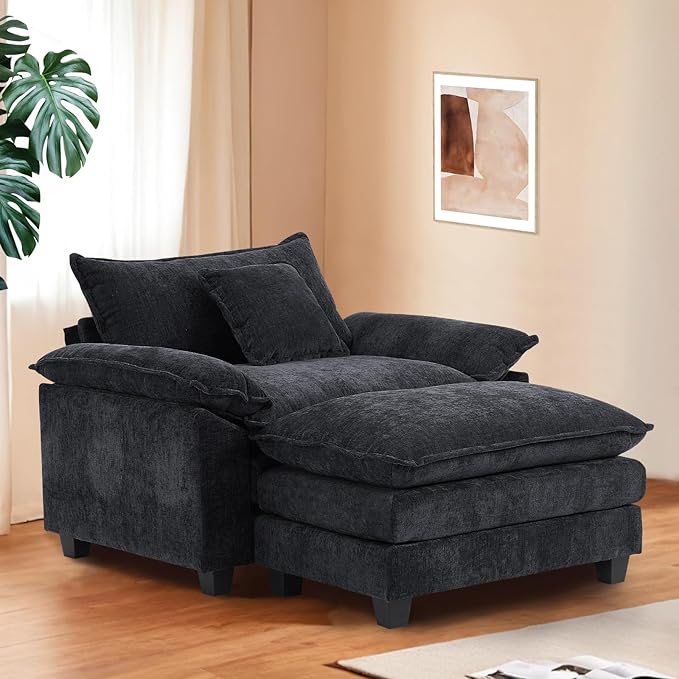Furniliving 46‘’ Oversized Chair with Ottoman Luxury Chenille Single Sofa Upholstered Deep Seat Chaise Lounge with Pillows for Living Room Bedroom Apartment Black