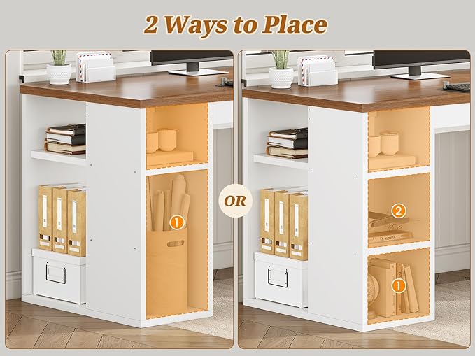 SEDETA Farmhouse 96.5 Computer Desk with Drawers 2 Person Home Office Desk Gaming Double Desk with Storage Shelves Long Two Person Writing Desk (White and Brown)