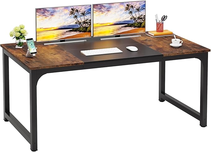 LITTLE TREE 70.8 Inch X-Large Executive Computer Office Desk Brown+Black
