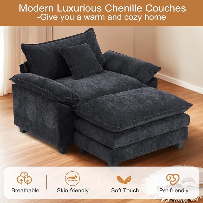 Furniliving 46‘’ Oversized Chair with Ottoman Luxury Chenille Single Sofa Upholstered Deep Seat Chaise Lounge with Pillows for Living Room Bedroom Apartment Black