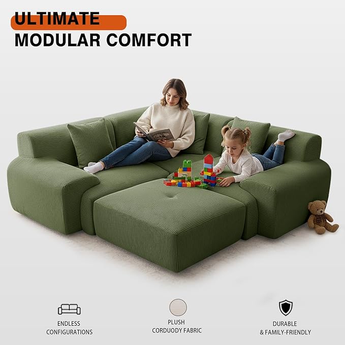 120 Modular Cloud Couch Sectional Boneless Couch with Ottoman Modern Modular L-Shaped Sofa Bed with Deep Seat Upholstered 3-Seater Sectional Couches for Living Room Apartments (Green)