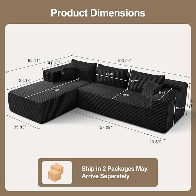104 Sectional Couches for Living Room Modular Sectional Sofa with Deep Seat L-Shape Couch with Chaise Boneless Couch for Living Room Bedroom No Assembly Required (Flannel Left)