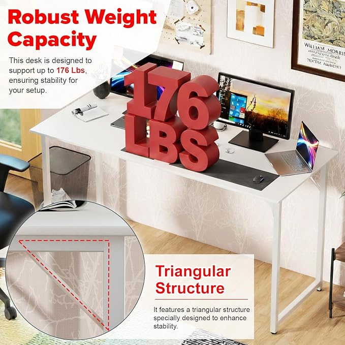 Bigacc Computer Desk Office Desk with Metal Frame Adjustable Feet | Water-Resistant Scratchproof Surface | Sturdy Writing Table for Home Office or Study (White 55 Inch)