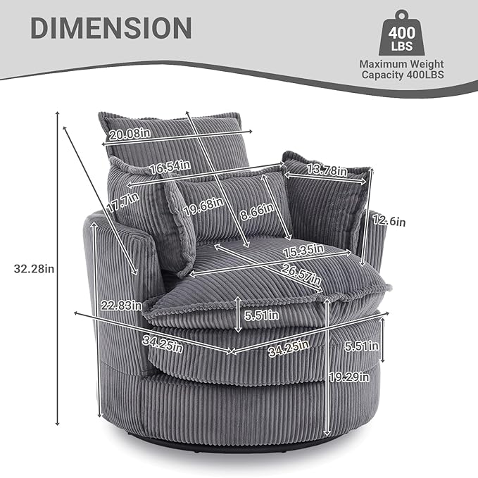 Karl home Swivel Barrel Chair-Corduroy360 Degree Modern Lounge Armchair ChairComfy Round Accent Single Sofa Chair with 3 Pillows for Living RoomBedroomLoungeHotelGrey