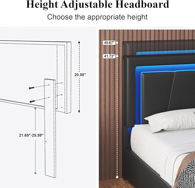 Queen Size Bed Frame with 4 Storage Drawers and LED Lights Upholstered Platform Bed with Adjustable Headboard and Charging Station Metal Slats Support No Box Spring NeededEasy Assembly Black