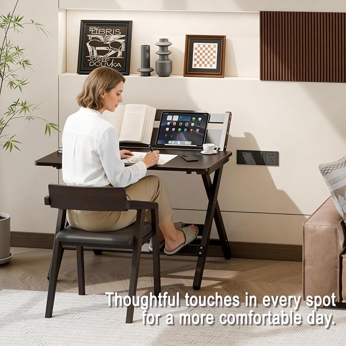 Bamboo Foldable Desk 31 Portable Oversized Desk with 3 Adjustable Heights Home Office Computer Desk with Reading Shelf Perfect Furniture for Living Room &amp Bedroom No Assembly (Walnut)