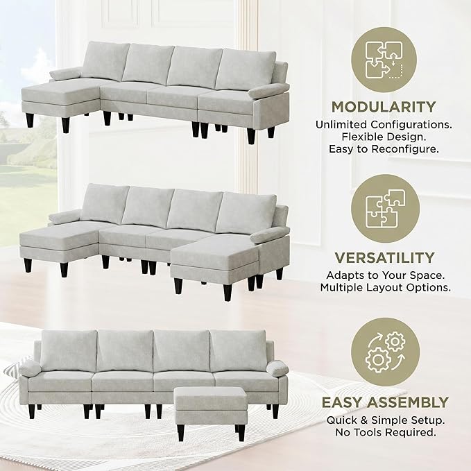 4-Seat U-Shaped Modular Sofa with Double Storage Ottoman - Space-Saving Convertible Lounge Couch for Home &amp Office White