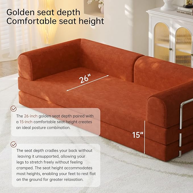 79” Convertible Sofa Bed 35D High-Density Foam&ampCorduroy Fabric Sleeper Couch Bed Fixed-Shape Frame &amp Removable ArmrestsModular Folding Small Loveseat Futo Sectional Funto Couch for Small S