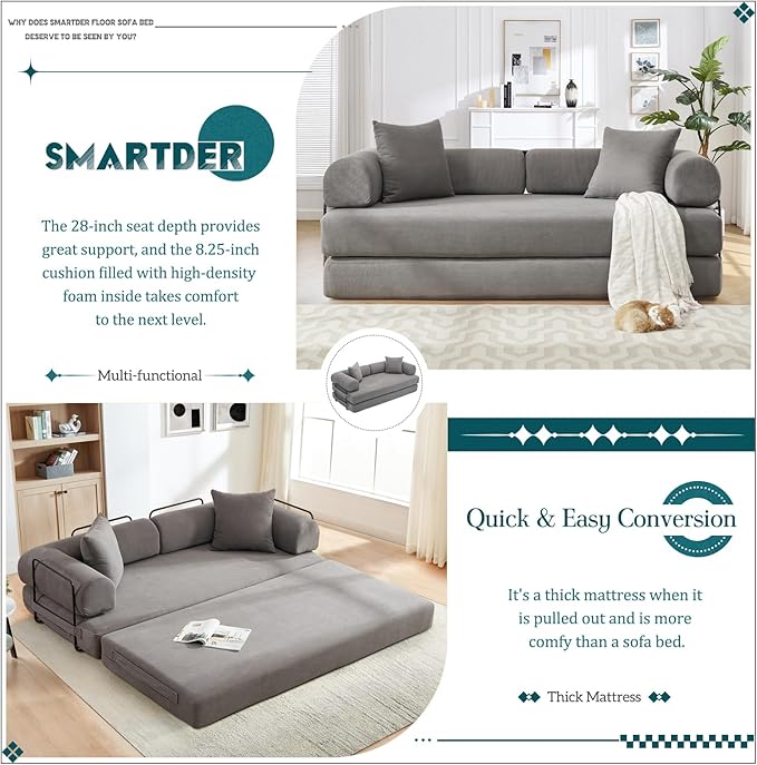 Convertible Folding Sofa Bed Modular Floor Sofa with Removable Backrest 3-Seater Fold Out Couch Bed with Pillows King Size Futon Lazy Couch Corduroy Sleeper for Living Room Dorm Grey