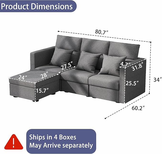 L Shaped Sectional Couch: Grey Modular Sectional Sofa with Ottoman Modern Linen Seater Couch Comfy Cloud Couches for Living Room and Apartment (82-3 Seat &amp Ottoman)