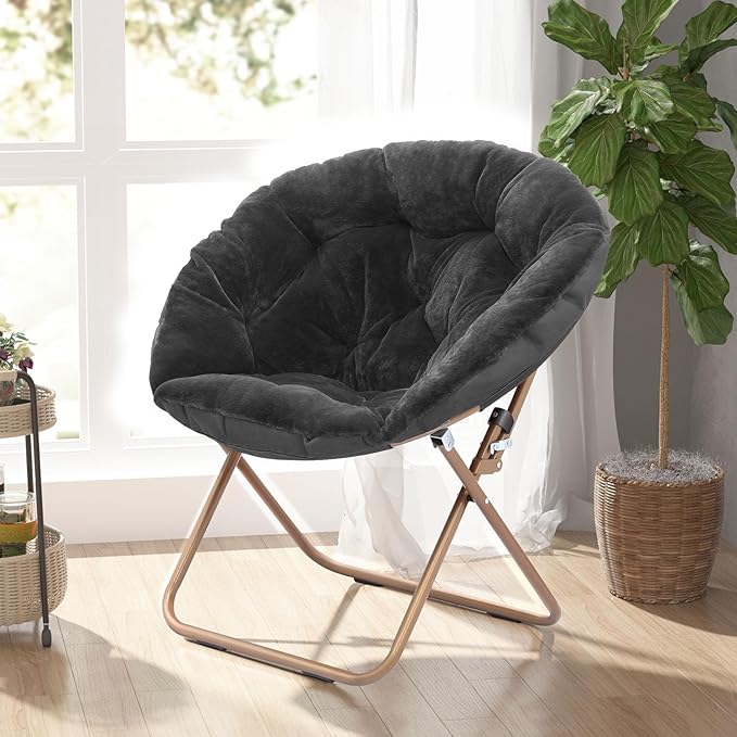 Cozy Saucer Chair Living Room Chair Faux Fur Soft Thick Padded Seat Metal Frame Folding Chair Comfortable Moon Chair for Living Room Bedroom Reading Nook Modern Style 2 Pack Black