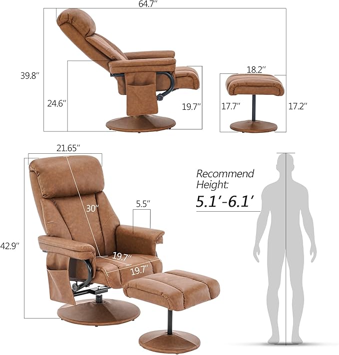 MCombo Swivel Recliner with Ottoman TV Chair with Vibration Massage Ideal for RV Small Space Living Room &amp Bedroom 4539 4828 (Faux Leather Saddle)