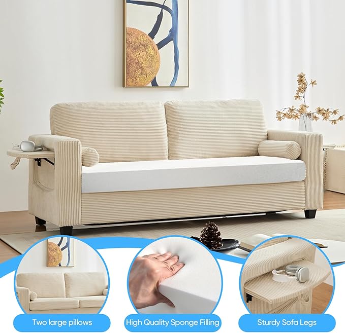 Mjkone 82 Width Queen Size Pull Out Sofa Bed Sleeper Couch with Pull Out Beds 2-in-1 Convertible Corduroy Loveseat Sleeper Sofa Couch Bed with Folding Mattress for Living Room Home Apartment Beige