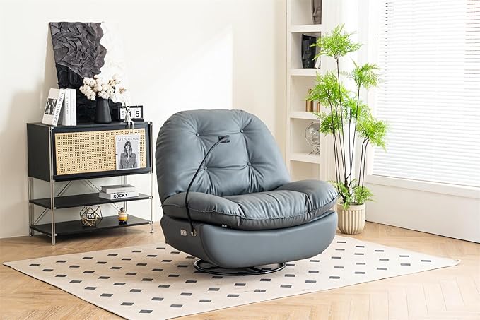 Power Recliner Sofa Chair 270 Degree Swivel Leisure Single Sofa with Button Control Wireless Speaker USB Ports Hidden Arm Storage and Phone Holder for Living Room Bedroom Grey PU (Without LED)