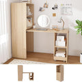 33''Folding Office Desk with Storage Shelves and Wheels Mid Century Modern Fold Out Stretchable Computer Desk for Small Spaces Home Office Apartment (Natural Wood)