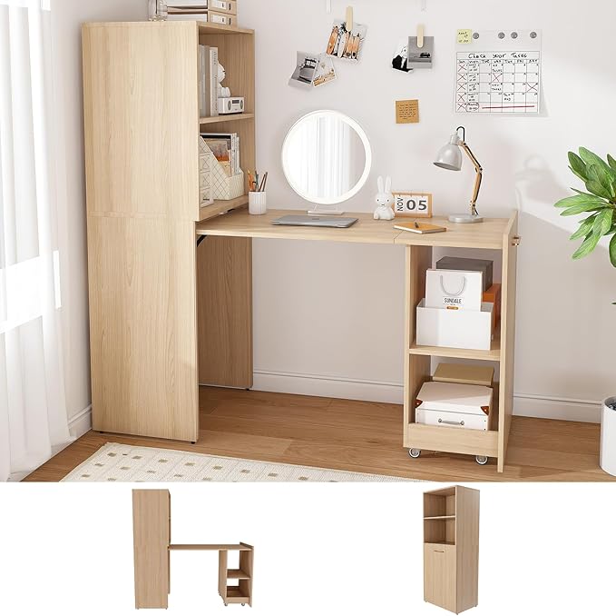 33''Folding Office Desk with Storage Shelves and Wheels Mid Century Modern Fold Out Stretchable Computer Desk for Small Spaces Home Office Apartment (Natural Wood)