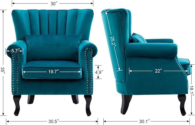 chairus Mid-Century Modern Accent Chairs Set of 2 Comfy Sofa Chairs Channel Back Armchairs with Small Pillow for Living Roon Bedroom Club - Velvet Teal