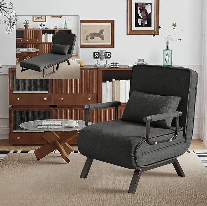 Convertible Sleeper Chair 5 in 1 Folding Sofa Bed with 5-Position Adjustable Backrest &amp Pillow Floor Single Chairs Cozy Futon Chair for Small Spaces Apartment Bedroom Office (Black)