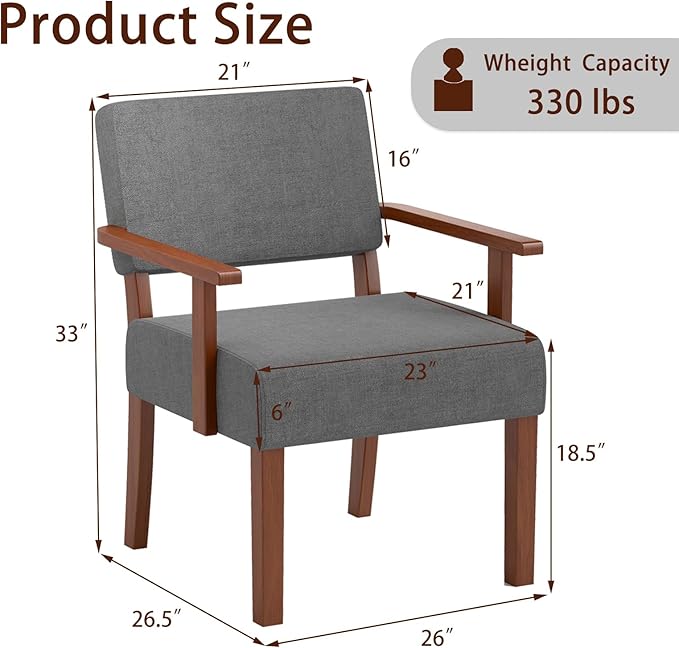 KOMFOTT Upholstered Accent Chair Mid-Century Modern Armchair with Rubber Wood Frame Linen Fabric Living Room Chair with Padded Seat &amp Backrest Comfy Reading Chair for Bedroom Waiting Room Gre