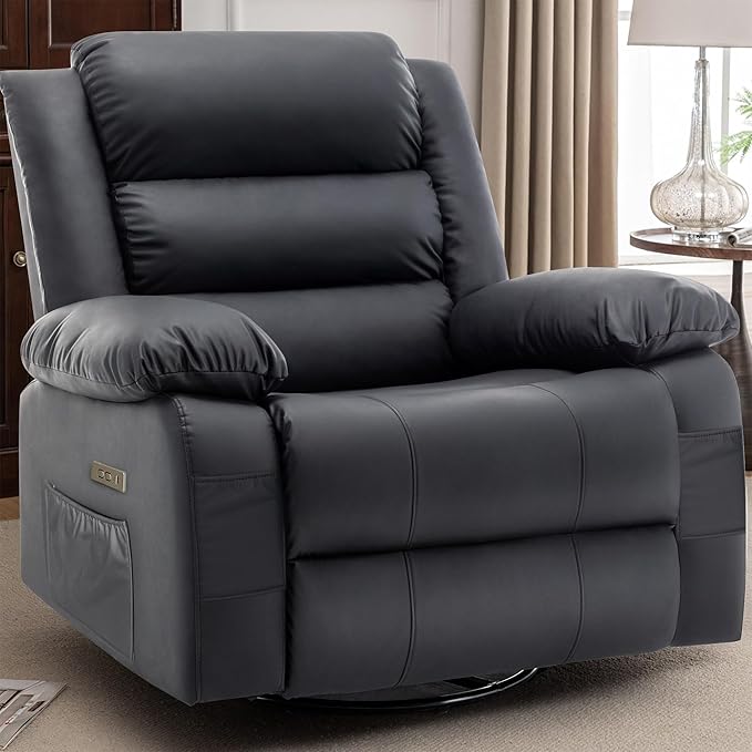 Power Recliner Chair Electric Rocker Recliner with Massage and Heat 270° Swivel Glider Oversized Wide Seat with USB Port Cashmere Nursery Chair for Living Room Black