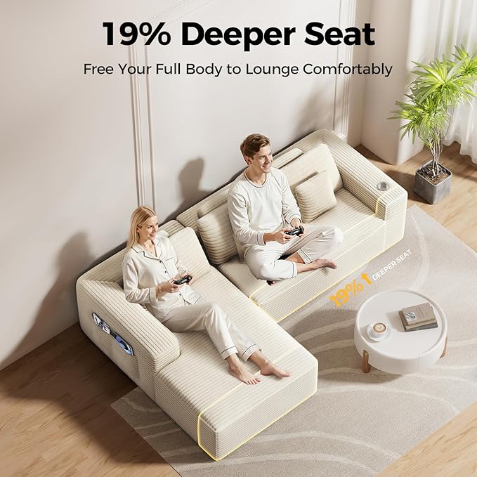 108” Cloud Sectional Couch in One Box Compressed Modular Sectional Sofa with Deep Seat Corduroy Boneless Couches L-Shaped Sofa for Living Room 4 Storage Pockets(Left Facing Chaise Beige)