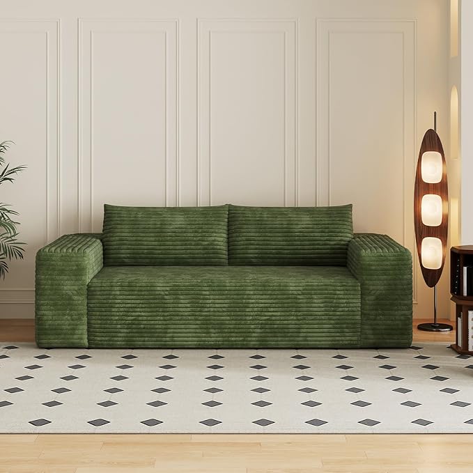78-inch Boneless Loveseat Sofa Cloud Corduroy Floor Compressed Deep Seat Lounge Sofa Couch in A Box Comfy Fluffy Modern Plush Memory Foam No Assembly Couch for Living Room Bedroom Office Green