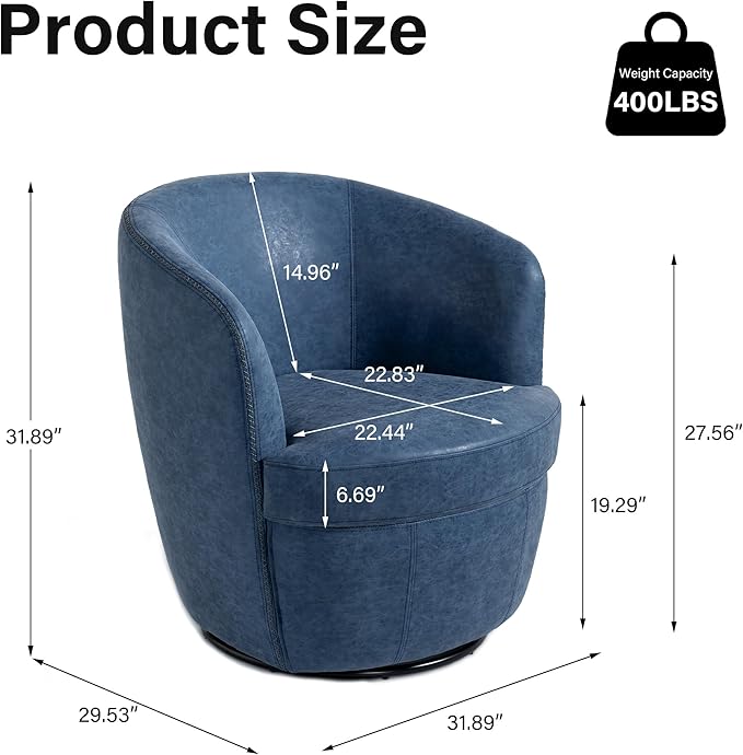 Swivel Barrel Chair Modern Round PU Leather Accent Armchair for Living Room Bedroom Comfy Club Reading Chairs for Adults (Leather Navy Blue Set of 2)