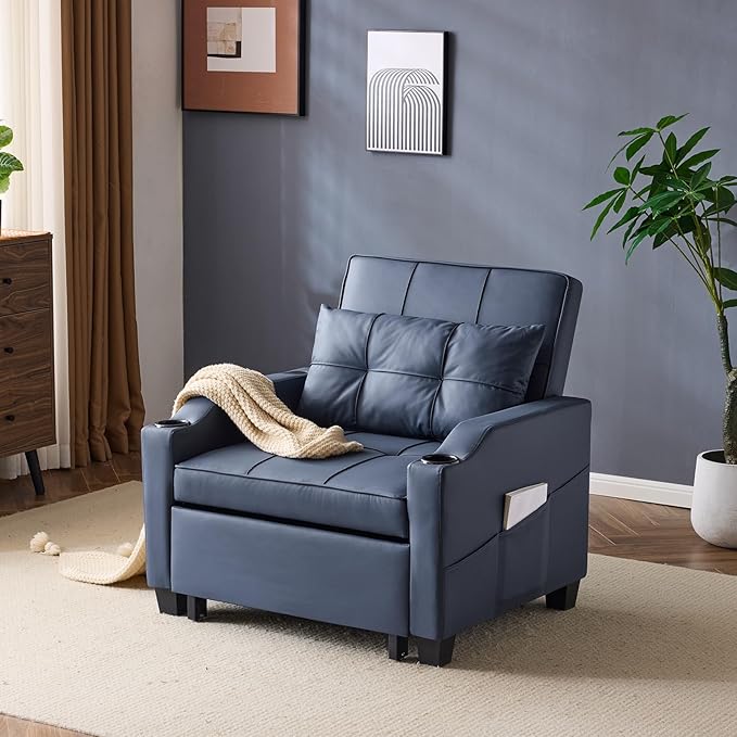VINGLI Blue Sleeper Chair Bed 3-in-1 Convertible Futon Sofa Bed Pull Out Couch Bed Adjustable Recliner Chair with USB Ports Cup Holders Side Pockets for Living Room Bedroom Small Spaces