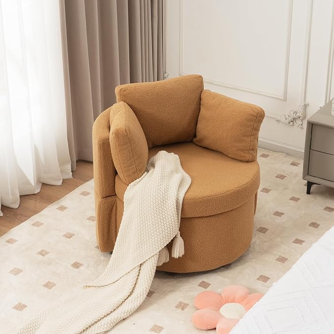 FOXHUNTER Swivel Barrel Chair 360 Degree Swivel Round Storage Chair with 3 Pillows Oversize Teddy Swivel Accent Chair Comfy Single Sofa Chair for Nursery Living Room Bedroom (Khaki)