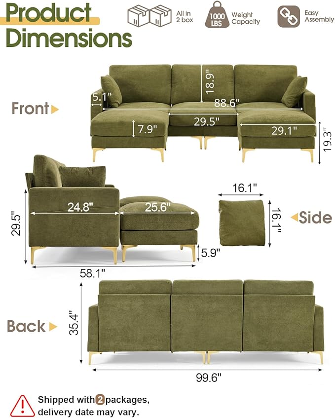 Karl home 99.6 Sectional Sofa U-Shaped Chenille Upholstered Couch with 2 Movable Ottomans 3-Seater Cloud Couches Comfy Deep Seat Sofa for Living Room Apartment Office Green