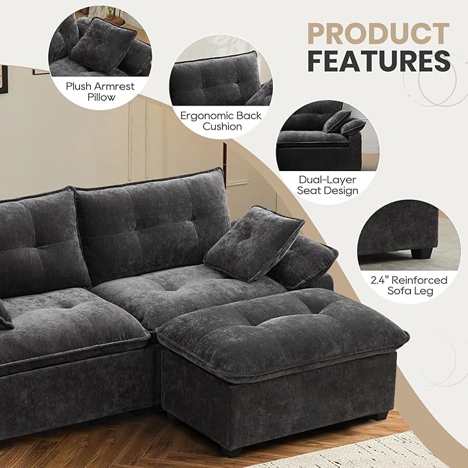 89 Modular Sectional Sofa Comfy Cloud Couch with Movable Ottoman 3-Seat Chenille Deep Seat Sofa with Throw Pillows/USB Ports for Living Room Office and Apartment (Dark Grey)