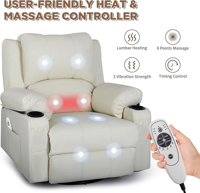 Rocking Recliner Chair with Heat and Massage Overstuffed PU Leather Recliners for Living Room Modern Single Rocking Chair for Adults Manual Swivel Rocker Recliner with Cup Holders Cream White