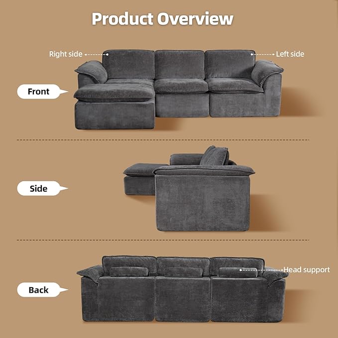 112 Cloud Couch Sectional with Padded Armrests &amp Moveable Ottoman Boneless Sectional Couches for Living Room Dark Grey Couch No Assembly Required