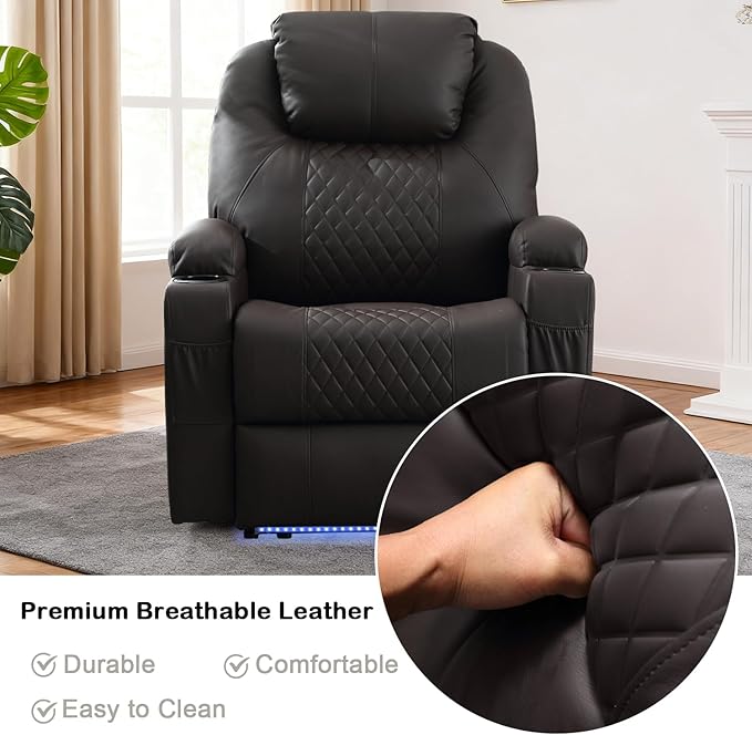 Power Recliner Chair with Heat and Massage for Adults - Home Theater Seating with LED LightsCup HoldersSide PocketUSB Port - Recliner Sofa for Living Room