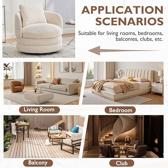 Swivel Accent Chairs 360° Round Swivel Barrel Chair with Pillow for Reading Room Bedroom Beige Chenille Armchair Single Club Chair for Living Room (Beige)