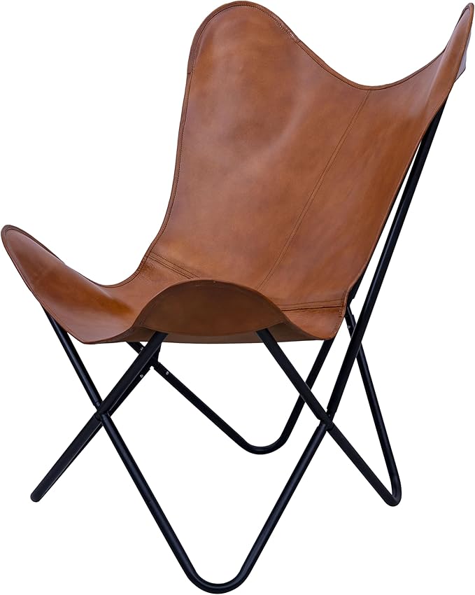 Shy Shy Let’s Touch The Sky Butterfly Chair - Tan Leather Living Room Chair with Black Metal Base (Iron Frame with Tan Cover)