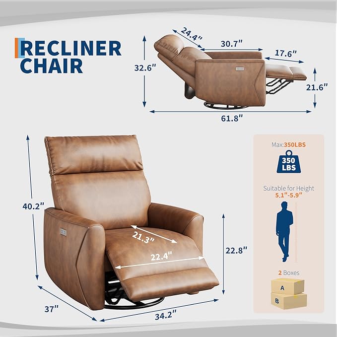 Power Recliner Chair 270° Swivel Glider with USB Charging Port Large PU Leather Seat Wide 22.4 Ergonomic High Back for Living Room Nursery (Power Walnut)