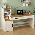 60'' Farmhouse Computer Desk with Drawers Home Office Desk with Bookcase Vanity Desk Writing Study Table with Storage Antique White