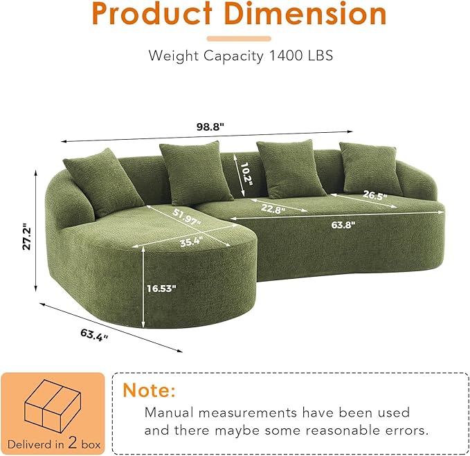 Curved Sectional Sofa Couch Oversized L Shape Deep Seat Cloud Couch Modern Chenille 4-Seater Sofa with Chaise No Assembly Required Couches for Living Room Apartment Office Green