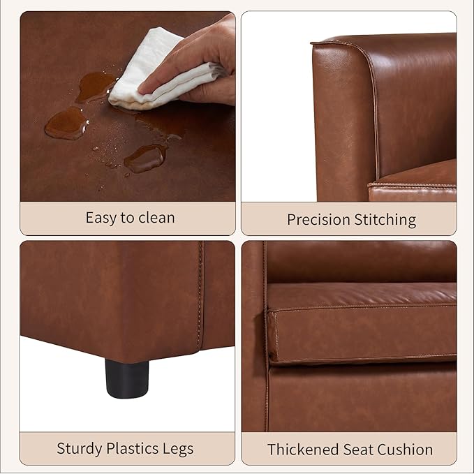 Faux Leather Armchair for Living Room Mid-Century Accent Chair with Deep Seat Cushion Upholstered Comfy Reading Chair Single Sofa Chair for Bedroom Apartment Office Brown