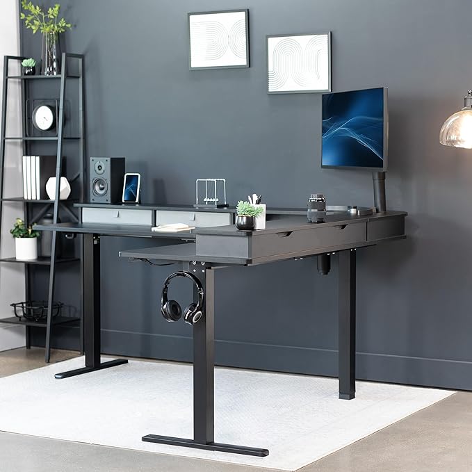 VIVO Electric Mobile Corner 75 x 63 inch 2 Tier Stand Up L-Shaped Desk Height Adjustable Memory Controller Storage Drawers Black Top Black Frame DESK-E3CVB-75