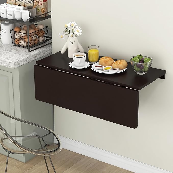 Tangkula 31.5 Wall Mounted Folding Desk Drop-Leaf Floating Desk with Spacious Surface Space-Saving Foldable Wall Table for Study Bedroom Bathroom Balcony &amp Small Spaces