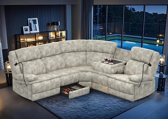 Home Theater Seating Reclining Sectional Sofa Reclining Couch with 4 USB 2 Flip-Up Middle Backrest &amp Drawers Wall Hugger RV Recliners 145° Adjustable Recline &amp Cup Holders for RV &amp Mov