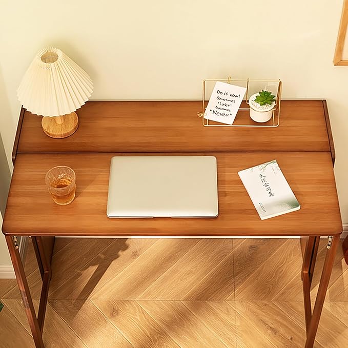 Folding Desk for Small Space Computer Desk with Bookshelf Multifunctional Bamboo Rectangular Dining Table Work Desk Writing Desk for Student Office 40.5 W x 29.9 H (Dark Brown)