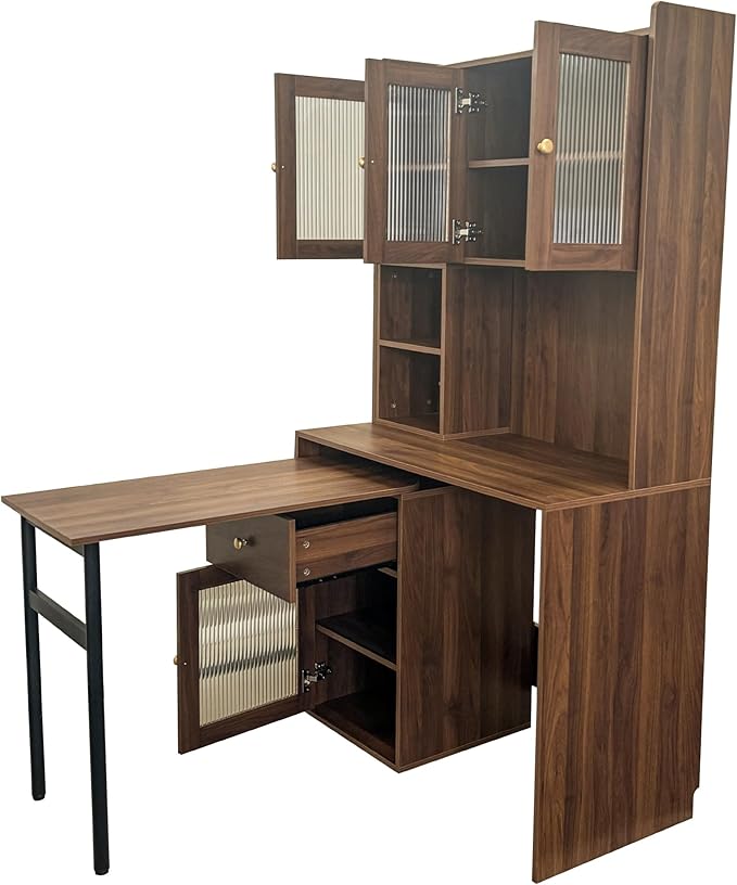 Computer Desk with 90 Degree Rotating Desktop Corner Home Office Desk with Storage Hutch and Drawers for Writing Gaming Bedroom Living Room Home Decor (Style-13)