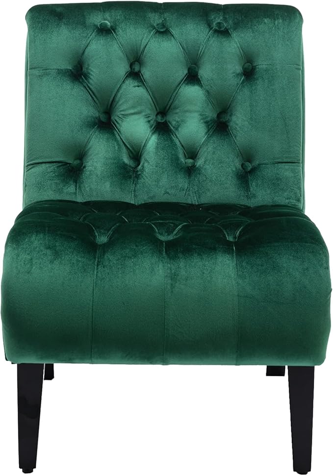 Modern Velvet Armless Accent Living Room Chair Leisure ChairUpholstered Fabric Button Comfortable Chair with Wooden Legs for Bedroom Living Room Office (Green Velvet)