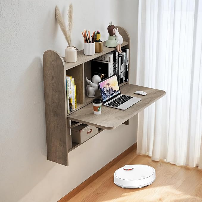 Wall Mounted Drop-Leaf Table Floating Laptop Desk Folding Table with Shelves Multifunctional Computer Workstation with Storage Compartments in Home Office for Space Saving (Rustic Oak)